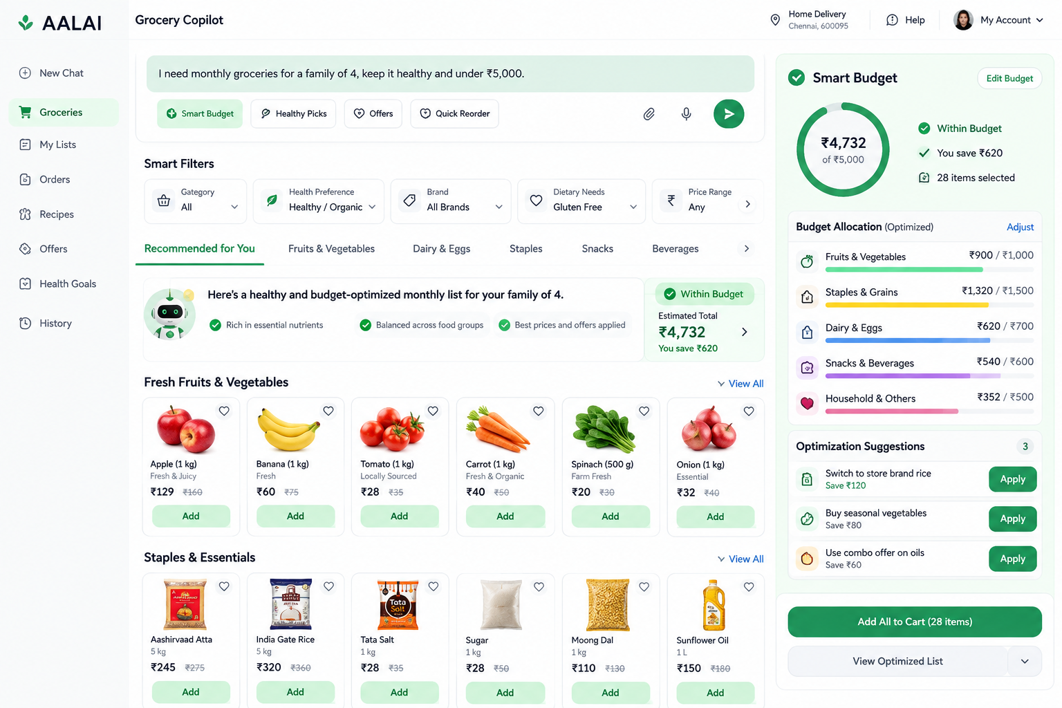 AALAI grocery smart budget copilot interface